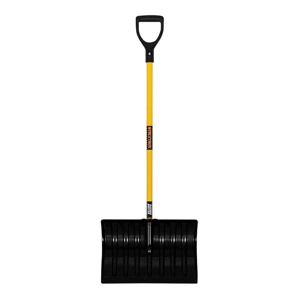 A black and yellow Seymour Midwest snow shovel with a yellow fiberglass handle.