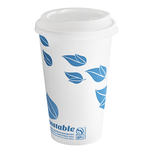 A white EcoChoice paper hot cup with blue leaf print.