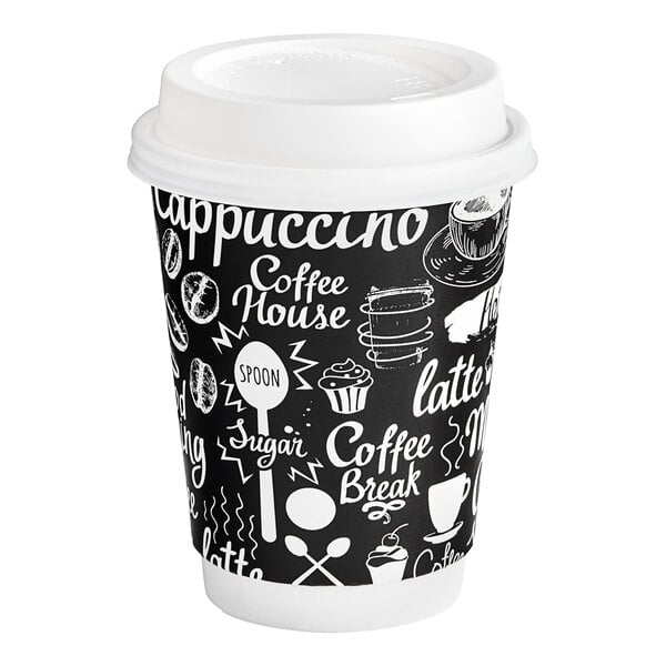 Choice 12 oz. Coffee Break Print Smooth Double Wall Paper Hot Cup and Lid -  100/Pack