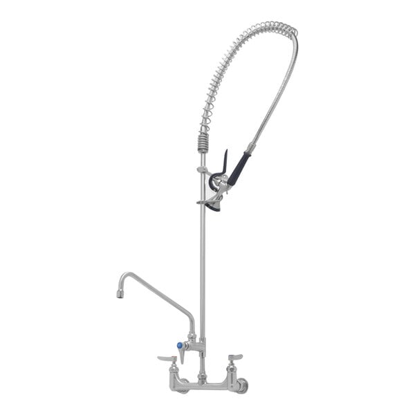 An Eversteel wall-mounted pre-rinse faucet with a silver hose.