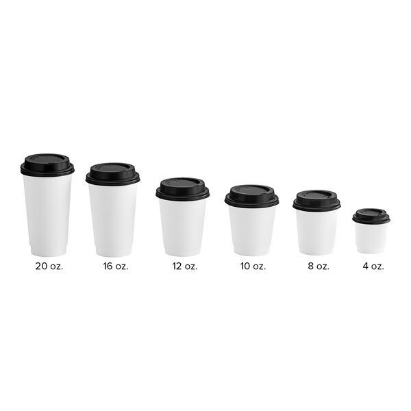 A row of white Choice paper hot cups with black lids.
