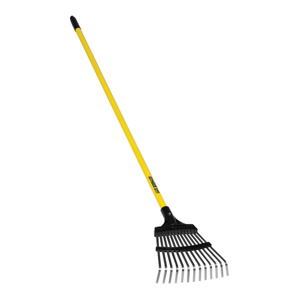 A yellow and black Seymour Midwest Pro-Flex shrub rake with a steel handle.