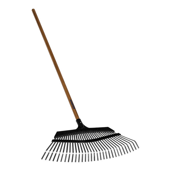 A Seymour Midwest Pro-Flex leaf rake with a wooden handle.