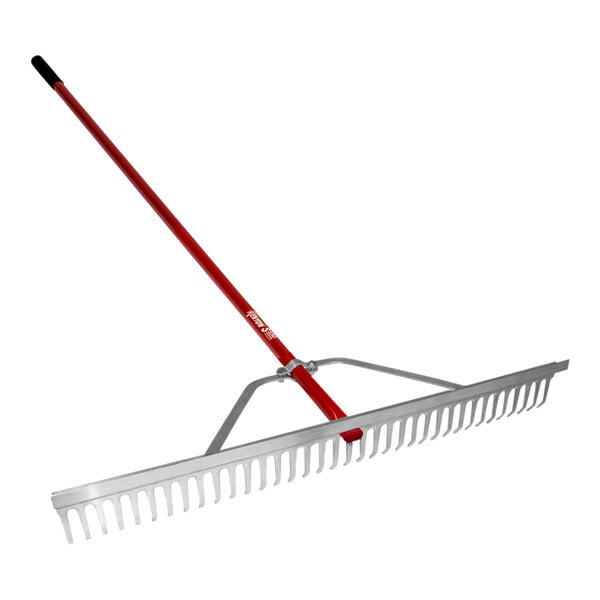 A Seymour Midwest Kenyon landscape rake with a red handle.