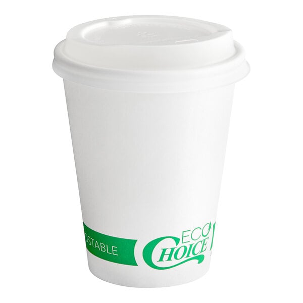 A white EcoChoice paper hot cup with a PLA lid.