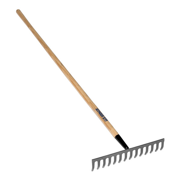 A Seymour Midwest level head rake with a wooden handle.