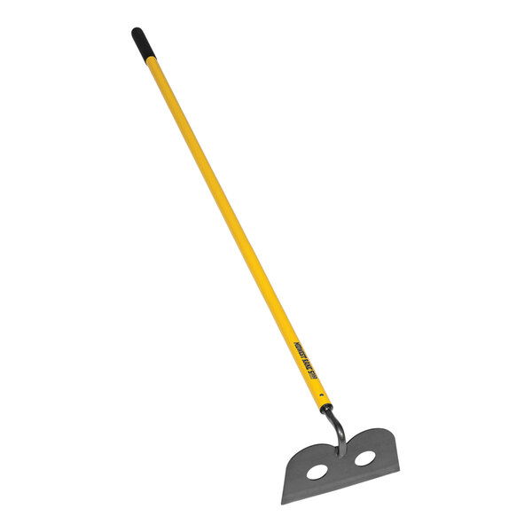 A yellow and black Seymour Midwest Professional Mortar Hoe with a metal head and a black handle.