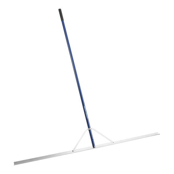 A white and blue metal Seymour Midwest field rake with a long handle.
