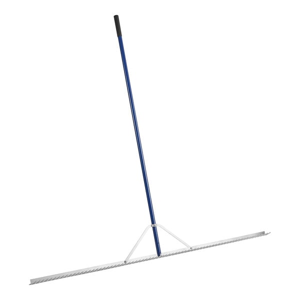 A Seymour Midwest field rake with a blue handle.