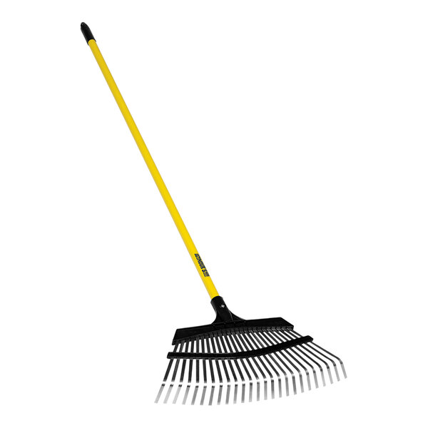 A Seymour Midwest Pro-Flex leaf rake with a yellow handle.