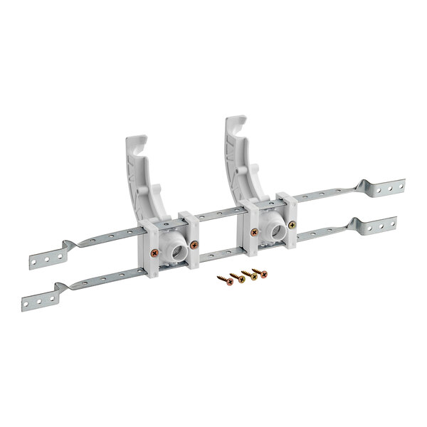 A white Sioux Chief StrongArm plastic bracket with screws.