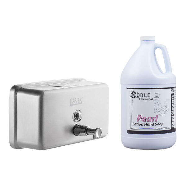 A stainless steel horizontal soap dispenser and a gallon container of lotion hand soap.