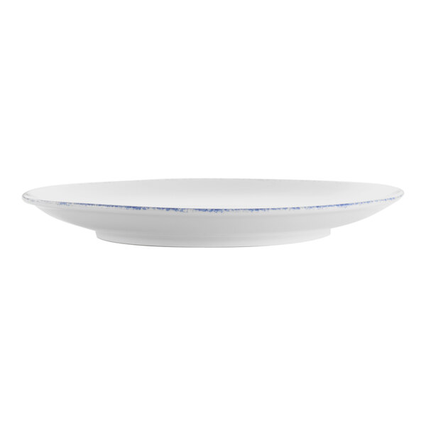 A white porcelain coupe plate with a blue sponged rim.
