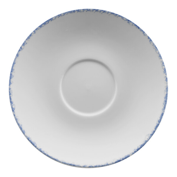 A white porcelain saucer with a blue rim.