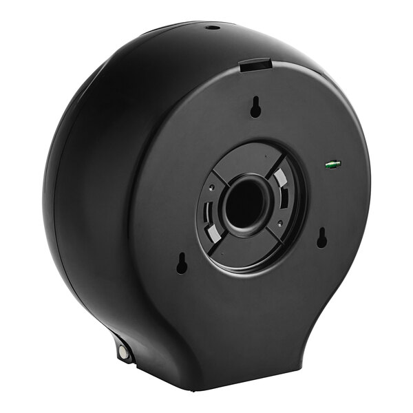 A black circular Lavex toilet paper dispenser with a hole in the center.
