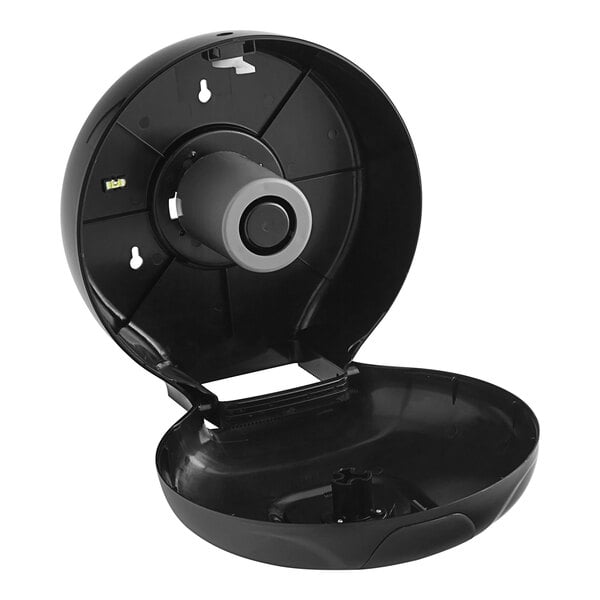 A black plastic container with a grey plastic cylinder on the front.