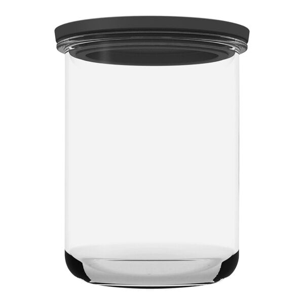 An Anchor Hocking clear glass jar with a black lid.