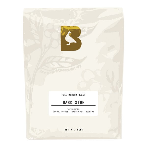 A white bag of BKG Dark Side whole bean coffee with a white label and black text.
