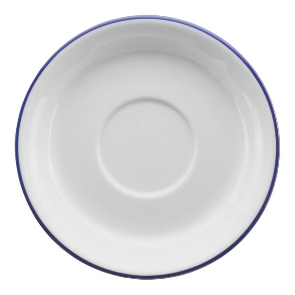 A white porcelain saucer with a blue rim.