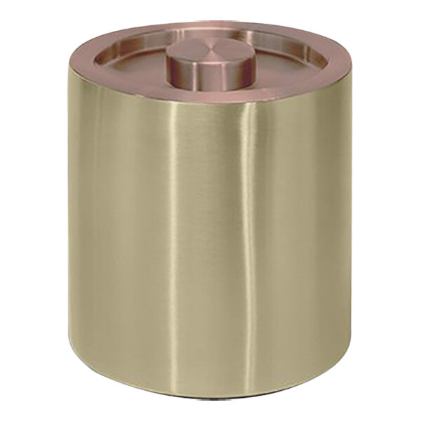 A round metal ice bucket with a rose gold lid.