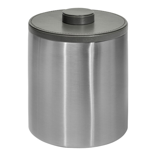 A silver stainless steel Room360 ice bucket with a black lid.