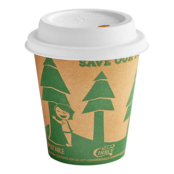 EcoChoice 10 oz. Kraft Tree Print Hot Cup and Lid - 100/Pack