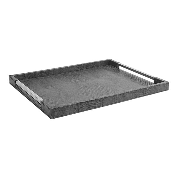 A black Room360 rectangular tray with metal handles.