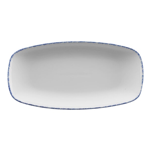 A white rectangular porcelain platter with blue sponged stripes.