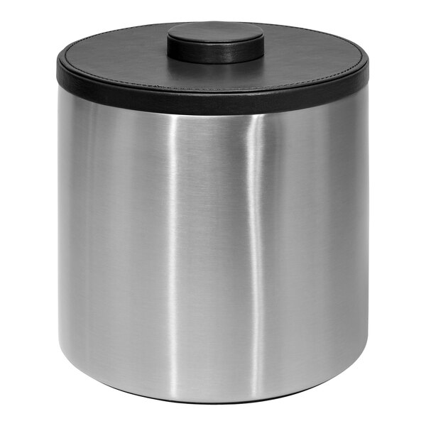 A silver stainless steel Room360 ice bucket with a black lid.