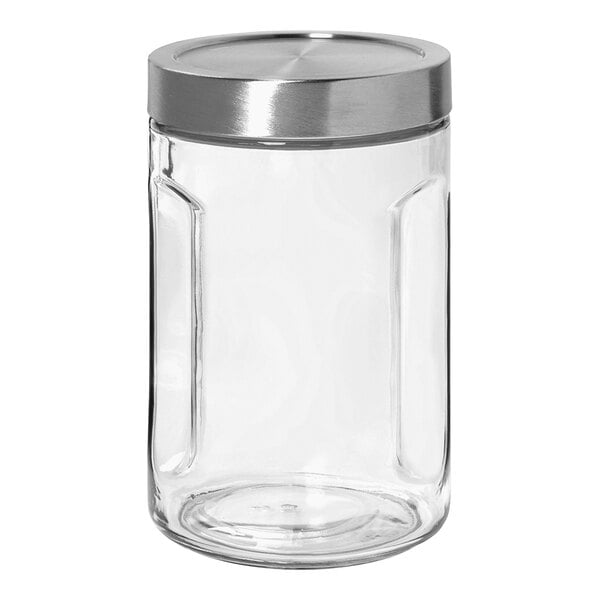 An Anchor Hocking clear glass jar with a silver lid.