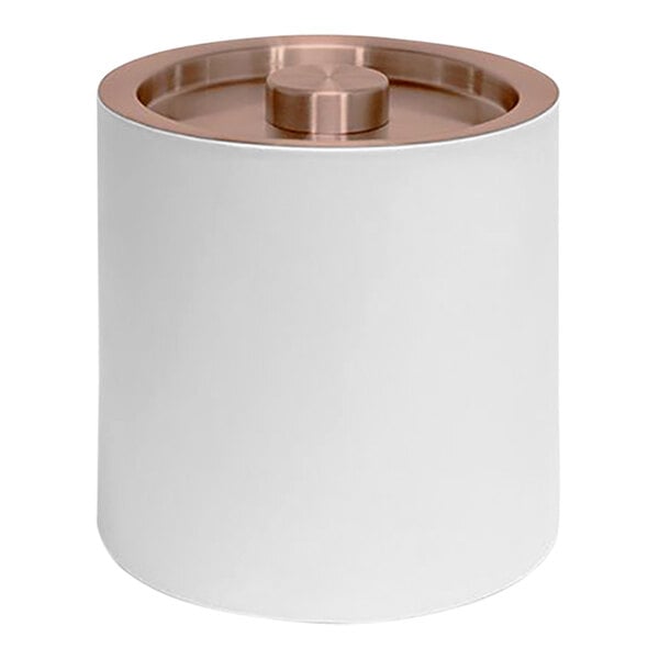 A white Room360 ice bucket with a copper lid.