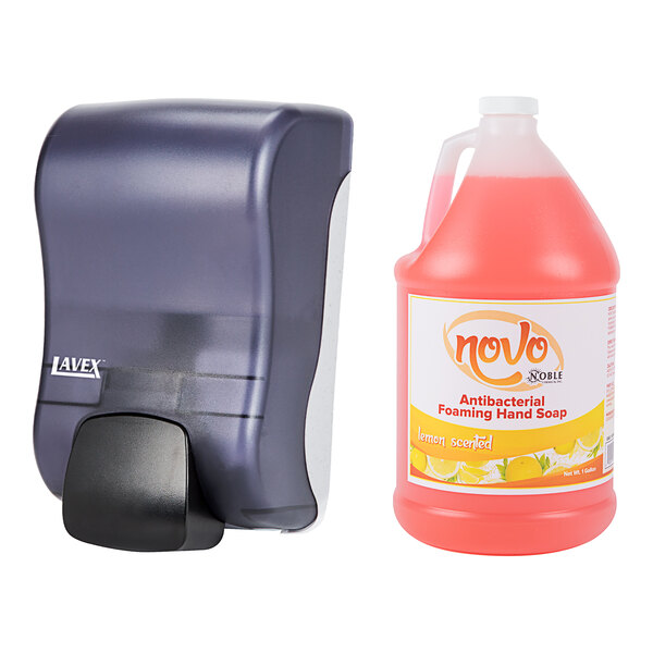 A Noble Chemical Novo manual foaming soap dispenser with a jug of soap.