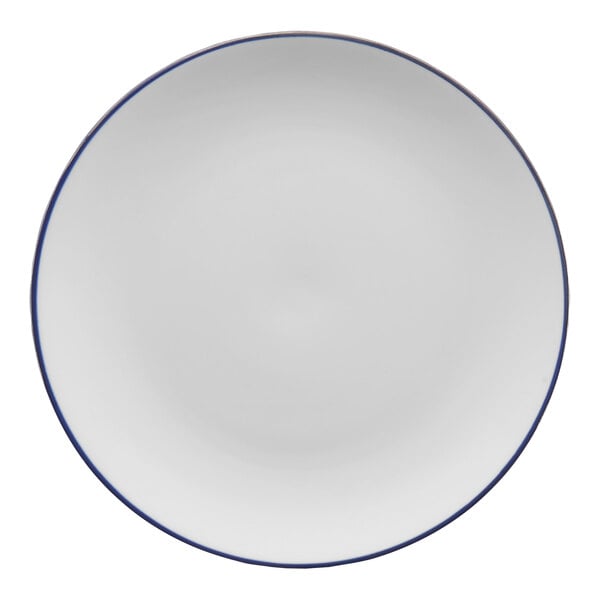 A white porcelain coupe plate with a blue band.