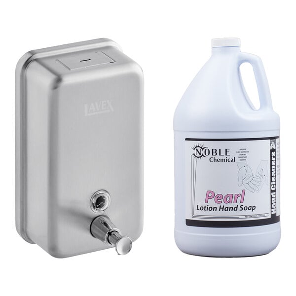 A stainless steel surface-mounted liquid soap dispenser and a gallon container of lotion hand soap.