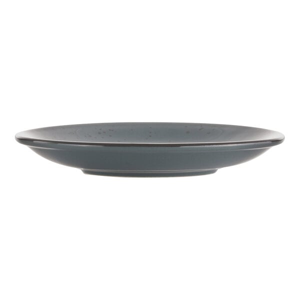 A grey saucer with a speckled rim.