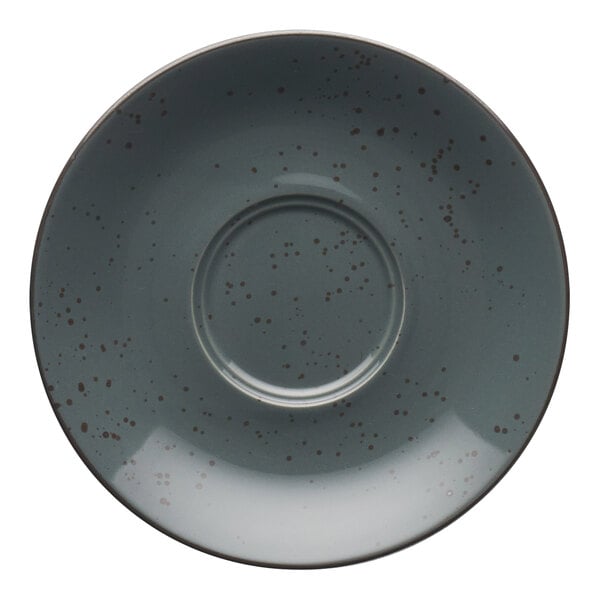 A gray International Tableware saucer with a speckled pattern.