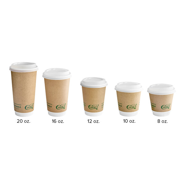 A row of brown EcoChoice paper cups with white lids.