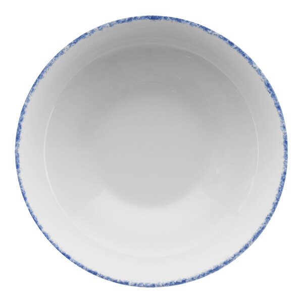 A white porcelain bowl with blue speckles.