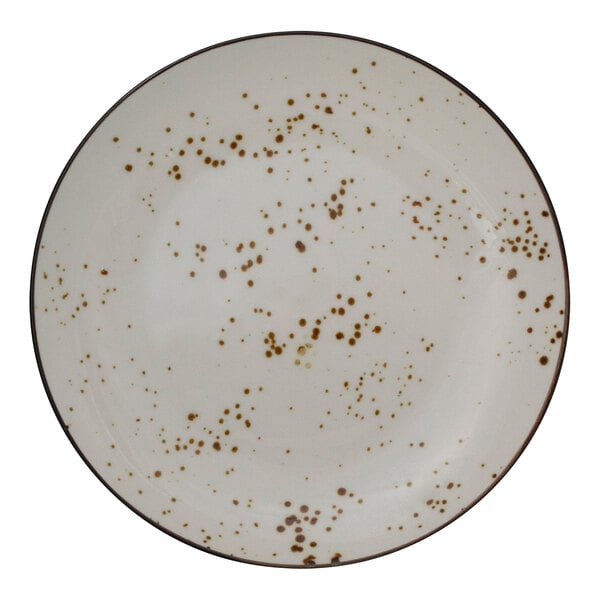 An International Tableware white stoneware coupe plate with brown specks.