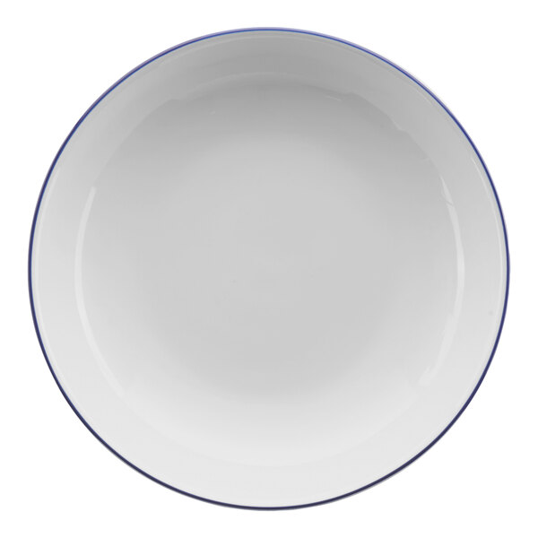 A white bowl with a blue rim.