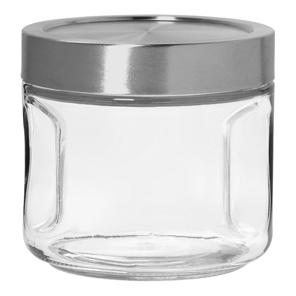An Anchor Hocking glass jar with a silver threaded lid.