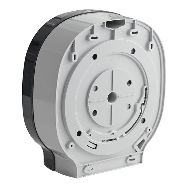 A white plastic Lavex toilet paper dispenser with black trim around a black circle.