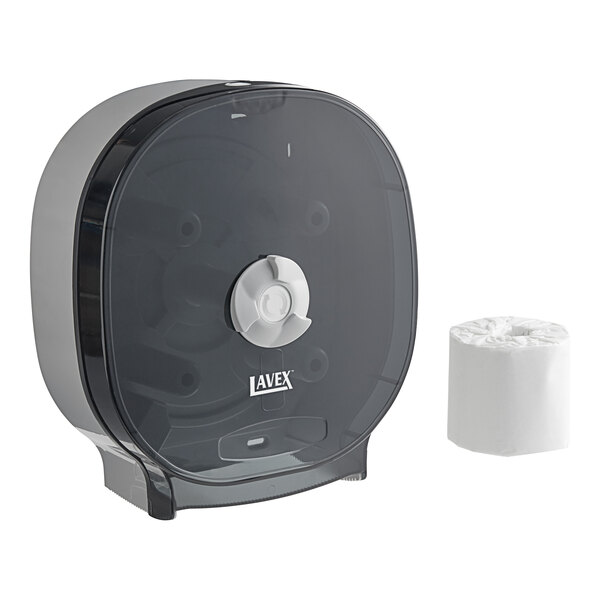 A black and white Lavex toilet paper dispenser with a roll of toilet paper.