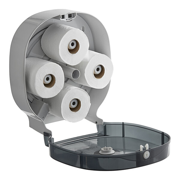 A Lavex black carousel toilet paper dispenser with four rolls of toilet paper.