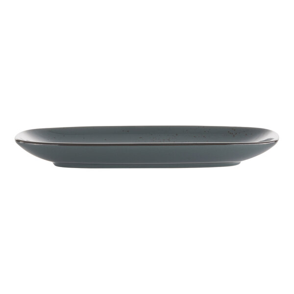 A grey rectangular stoneware platter with a black rim.