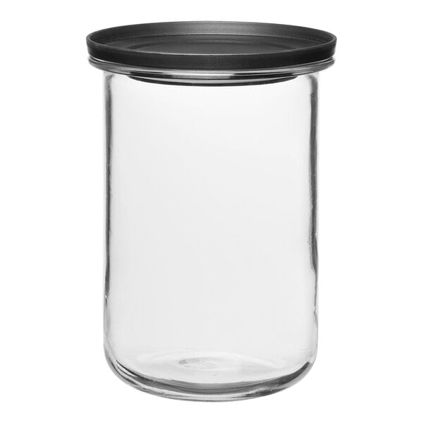 An Anchor Hocking clear glass jar with a black lid.