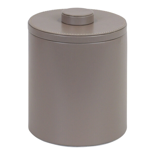 A round grey faux leather ice bucket with a stone lid.