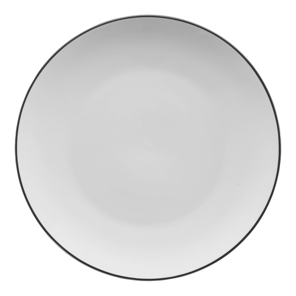A white porcelain coupe plate with a black rim.