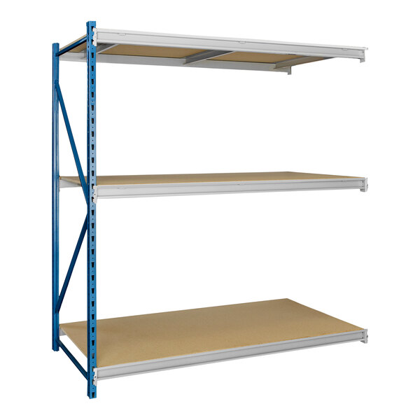 A blue and light gray Hallowell steel shelving add-on with three shelves.