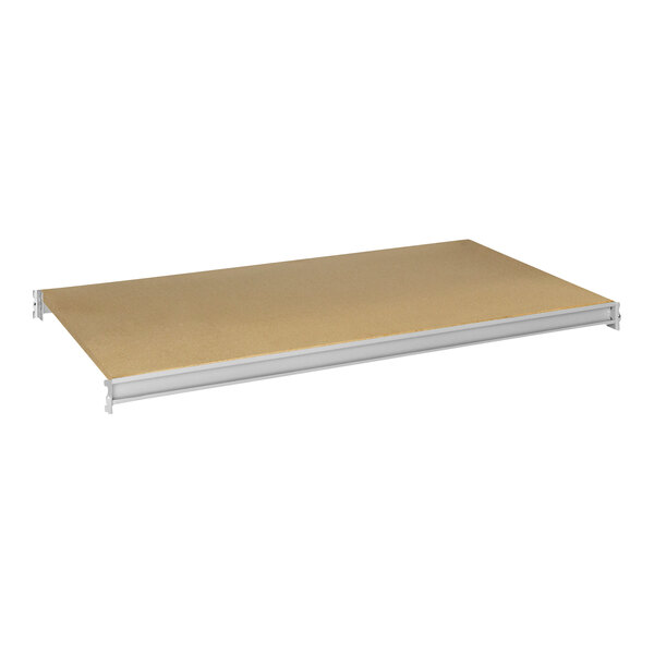 A light gray Hallowell metal shelf with particleboard decking.